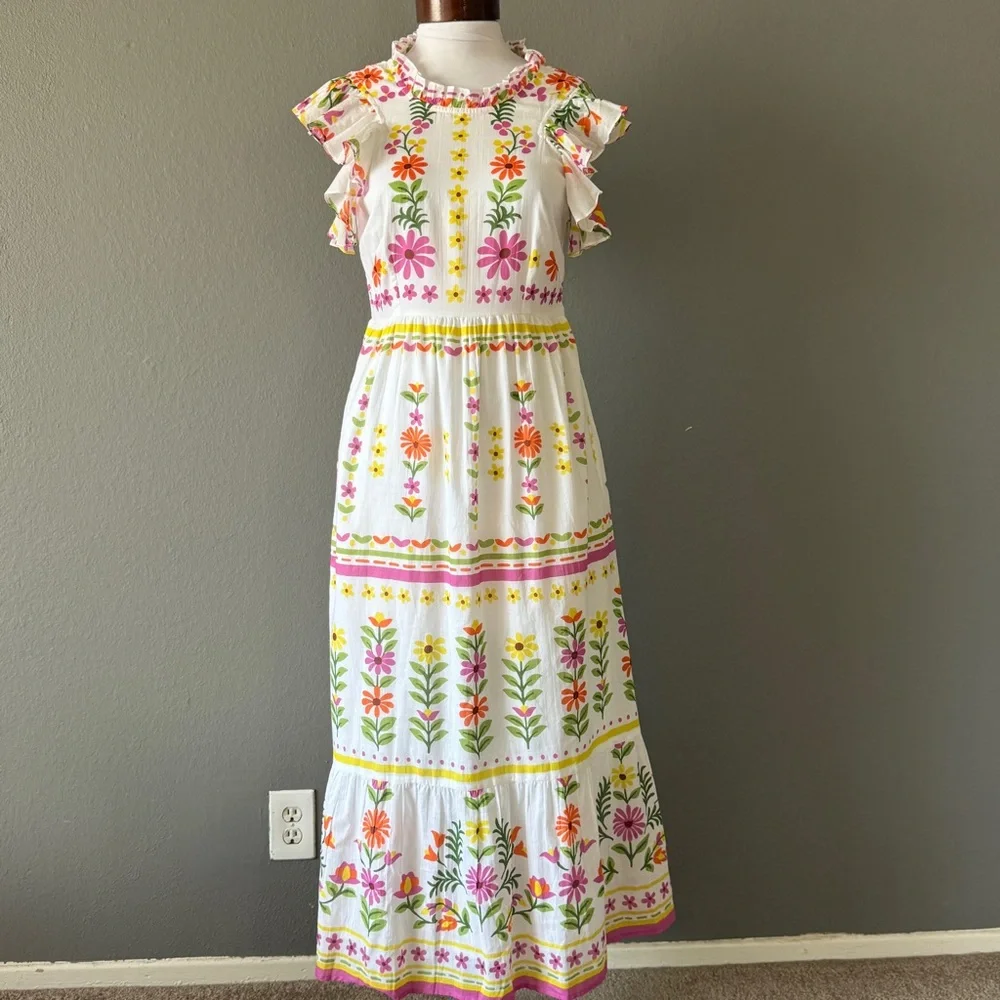 BANJANAN NWT Hannah Dress White Floral Print Long Maxi Flutter Sleeve Sz S - Picture 2 of 10